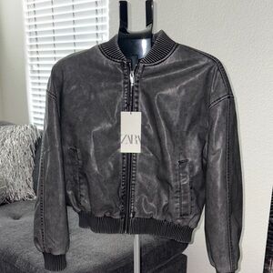 Zara women’s Charcoal Bomber Jacket faux leather size S